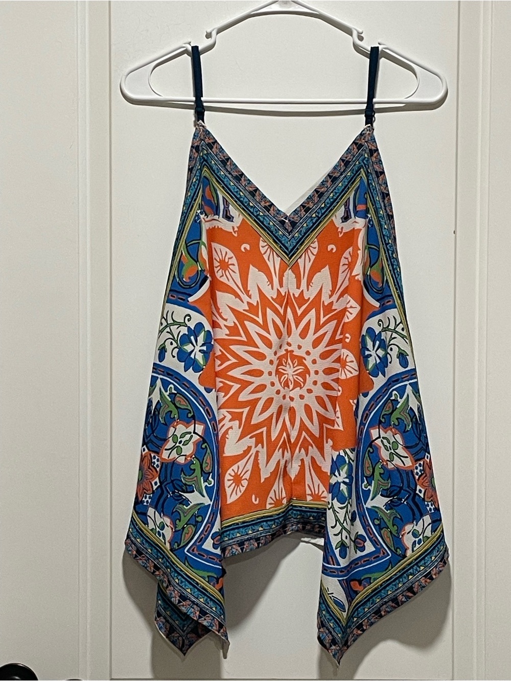 Boho Concert! Sz Small Jealous Tomato Orange Blue Medallion Handkerchief Tank